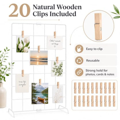 White Metal Wire Display Stand with Wooden Clips for Photos & Jewelry - 27.6 x 13.8 Inches