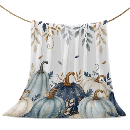 Fall Thanksgiving Throw Blanket - Teal Blue White Pumpkin 40x50 Inches - Autumn Leaf Branches