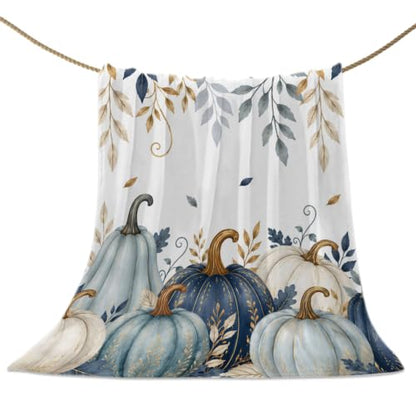 Fall Thanksgiving Throw Blanket - Teal Blue White Pumpkin 40x50 Inches - Autumn Leaf Branches