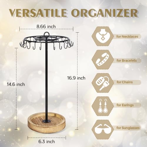 Rotating Necklace Organizer Stand with 24 Hooks - Jewelry Display & Storage