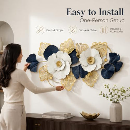 Large 3D Floral Metal Wall Art - White, Navy Blue & Gold Finish - 51x24 Inch