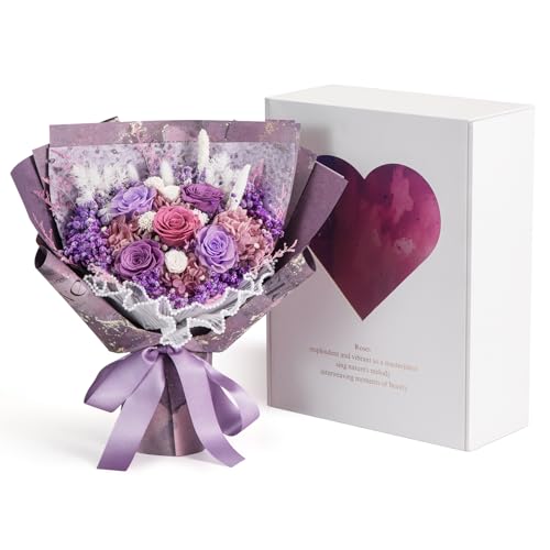 Purple Preserved Flower Bouquet with Real Roses & Hydrangeas - Long Lasting Gift for Weddings, Birthdays, Valentine's, Mother's Day