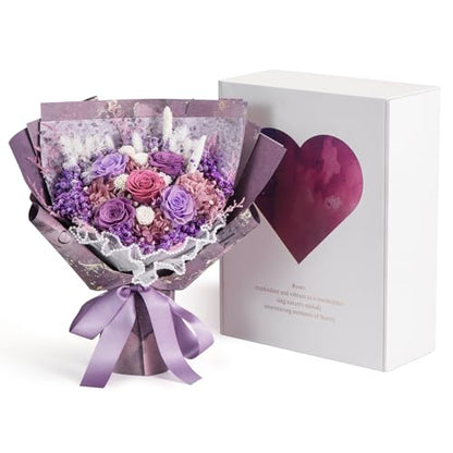 Purple Preserved Flower Bouquet with Real Roses & Hydrangeas - Long Lasting Gift for Weddings, Birthdays, Valentine's, Mother's Day