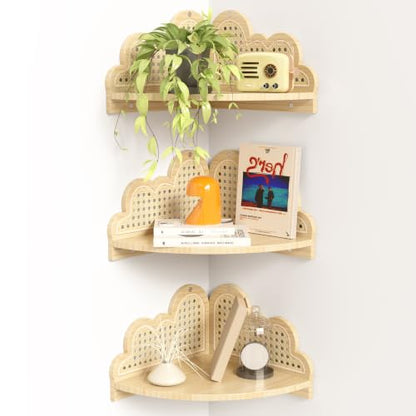 Rattan Corner Floating Shelves Set of 3 - Natural Boho Wall Storage