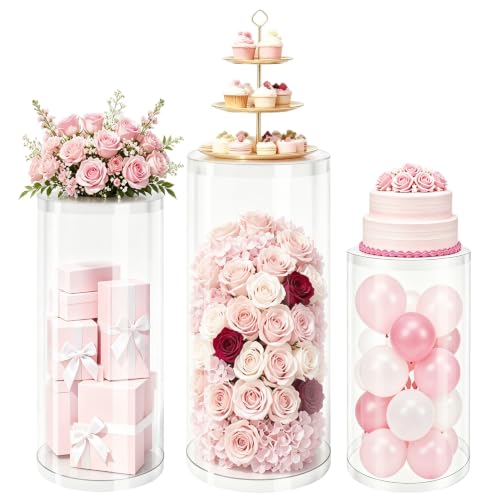 3-Piece Clear Cylinder Pedestal Stands for Weddings & Parties - 23.6, 29.5, 35.4 Inches