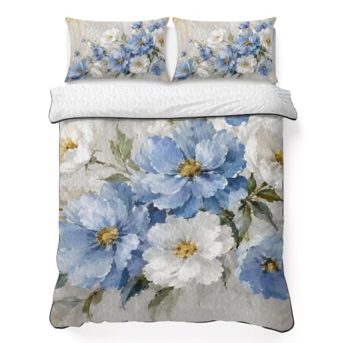 Blue White Flower Quilt Set Twin XL 3 Piece Bed Coverlet Bedding - Rustic Daisy