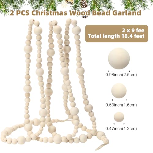 Natural Wood Bead Garland 18.4 Ft Rustic Boho Christmas Decor - 2 Pcs