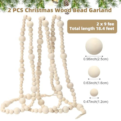 Natural Wood Bead Garland 18.4 Ft Rustic Boho Christmas Decor - 2 Pcs