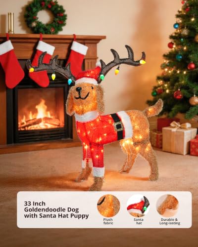 Lighted Christmas Dog Decoration with Santa Hat and Twinkling Lights - 33 Inch Outdoor Holiday Decor