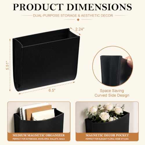 Magnetic Leather Mail Holder for Refrigerator Wall Organizer - Black PU