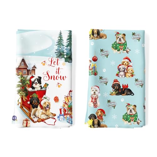 Colorful Dogs Tea Towels Set of 2 - 100% Cotton Christmas Kitchen Decor