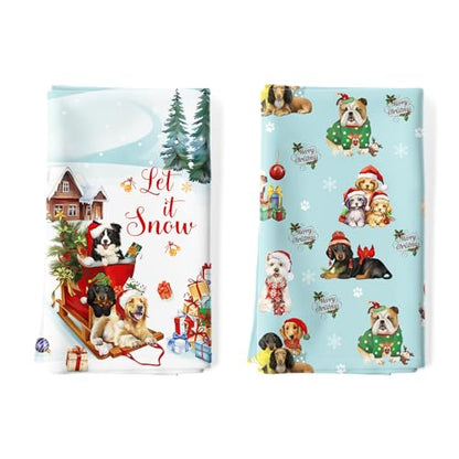 Colorful Dogs Tea Towels Set of 2 - 100% Cotton Christmas Kitchen Decor