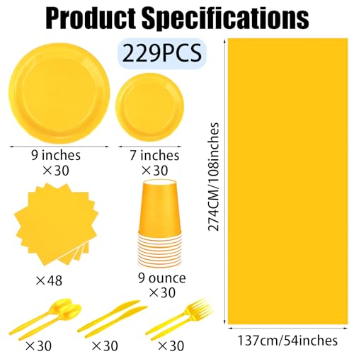 Yellow Disposable Party Plates Cups Set | 229PCS Celebration Dinnerware