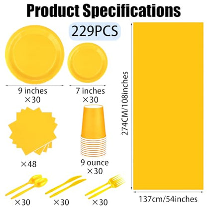 Yellow Disposable Party Plates Cups Set | 229PCS Celebration Dinnerware
