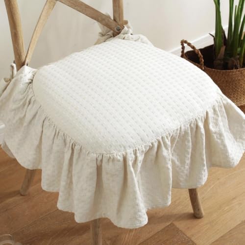 Beige Ruffle Chair Cushion Cover French Chair Pad Slipcover with Ties - Farmhouse Home Decor