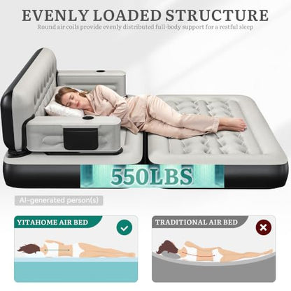 Queen Size Air Sofa Bed Mattress with Headboard & Pump, Inflatable Couch for Home & Travel