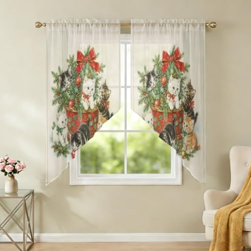 Green Beige Christmas Swag Curtains 2 Panels Set 45 Inch Length Window Valance