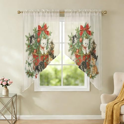 Green Beige Christmas Swag Curtains 2 Panels Set 45 Inch Length Window Valance