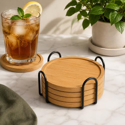 Bamboo Coaster Set with Holder - Natural Water-Resistant Drink Coasters for Home & Office