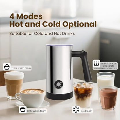 Casimhu 4-in-1 Electric Milk Frother with Light Silver Finish – Hot & Cold Foam, 10.6 oz