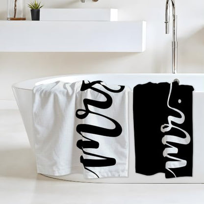 Mr and Mrs Beach Towel Set of 2 - Black White Lightweight 30x60 in for Couple