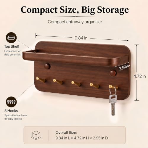 Solid Wood Wall Key Holder with Brass Hooks & Hidden Magnets, Organize Entryway