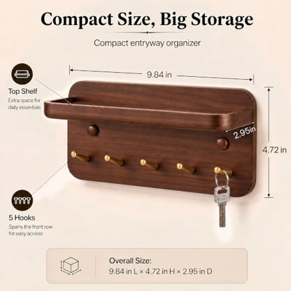 Solid Wood Wall Key Holder with Brass Hooks & Hidden Magnets, Organize Entryway
