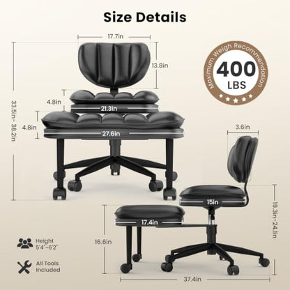 Cross Legged Office Chair with Wheels - Ergonomic Kneeling Chair, Height Adjustable, Wide Cushioned Seat, Black - Standard Size