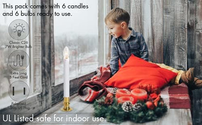 Electric Christmas Window Candle Lamp - 6-Pack | Brass-Plated Base with LED Bulbs | Dusk-to-Dawn Sensor