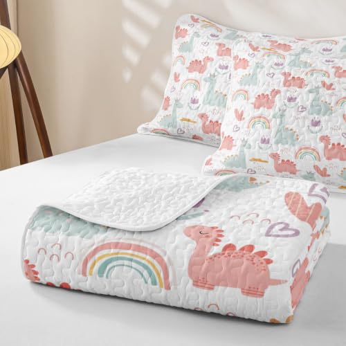 Pink Green Dinosaur Quilt Set Twin Size with Pillowcase - Cartoon Dino Bedspread for Kids