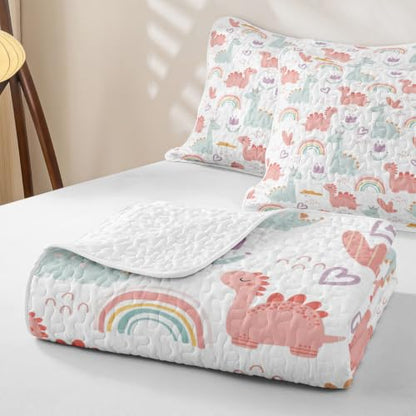 Pink Green Dinosaur Quilt Set Twin Size with Pillowcase - Cartoon Dino Bedspread for Kids
