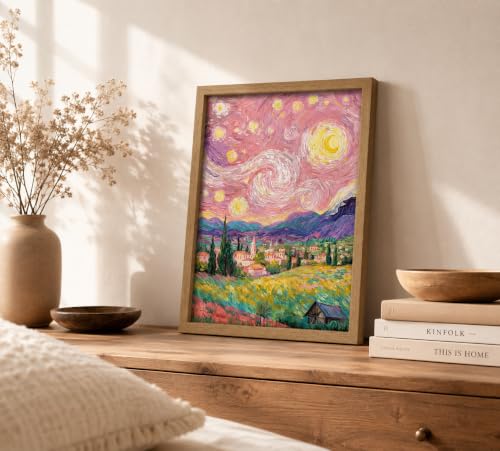 Pink Starry Night Wall Art Canvas - Framed Rural Impressionist Landscape - 10"L x 8"W
