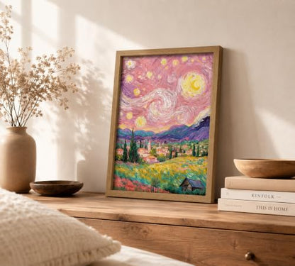 Pink Starry Night Wall Art Canvas - Framed Rural Impressionist Landscape - 10"L x 8"W