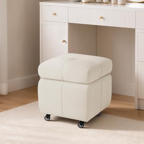 LUE BONA Square Storage Ottoman with Wheels - Beige Pouf Footrest, 17.4L Chenille
