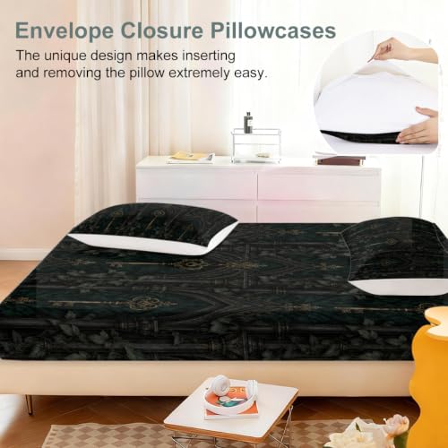 Dark Academia Green Gothic Key Fitted Sheet Set with Pillowcases - King Variation