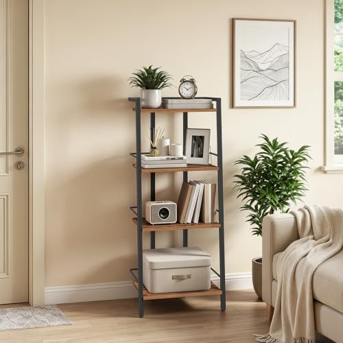 Rustic Brown 4-Tier Ladder Shelf Bookcase with Adjustable Feet