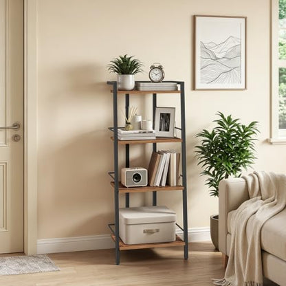 Rustic Brown 4-Tier Ladder Shelf Bookcase with Adjustable Feet