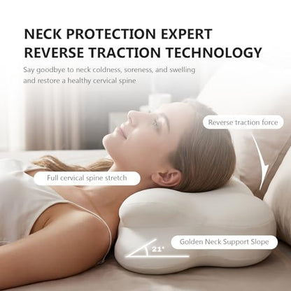 White Cloud Pillow, Ergonomic Memory Foam Cervical Neck Support with Breathable Cover, Adjustable Dual-Height Design for Side Back Stomach Sleepers