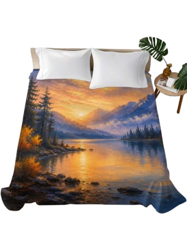 Blue King Size Flat Sheet - Microfiber Breathable Bedding with Mountain Landscape