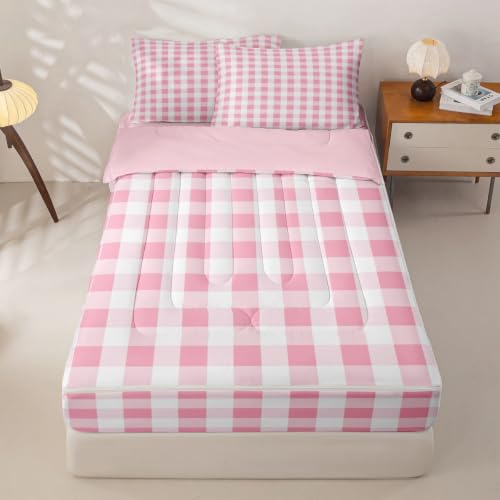 Kids Comforter Set Twin Size Pink Checkered Geometric Grid Bedding Set with Zipper