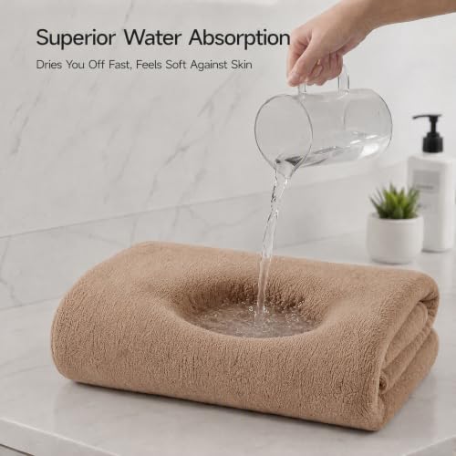 Khaki 4-Piece Coral Fleece Microfiber Bath Towel Set with Crown Embroidery - Super Absorbent, Large Size