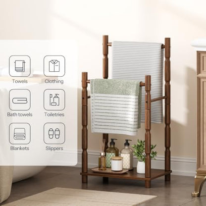 Walnut 2-Tier Freestanding Towel Rack Stand with Wood Legs and Bars