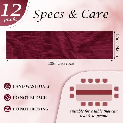 Burgundy Cheesecloth Table Runner Set - Boho 17x108 Inch, 12 Pack