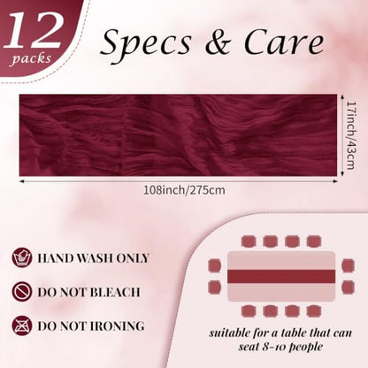 Burgundy Cheesecloth Table Runner Set - Boho 17x108 Inch, 12 Pack