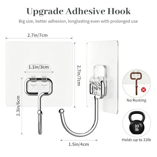 Heavy Duty Adhesive Hooks 33lb Capacity No Drill Wall Mount 10 Pack