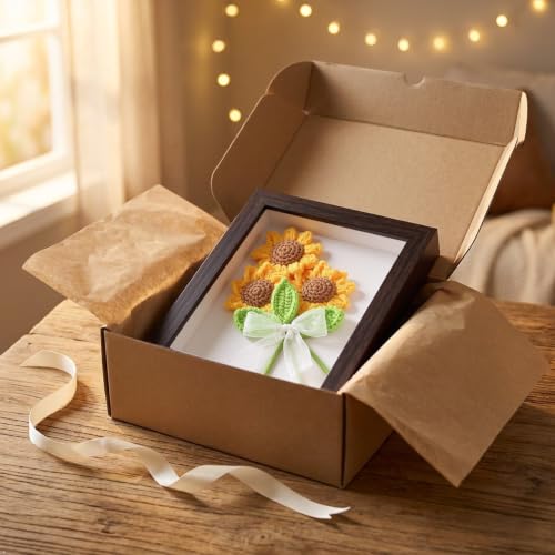 Walnut Crochet Sunflower Shadow Box Frame - Farmhouse Decor, 6x8