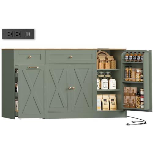Green Kitchen Buffet Cabinet with Storage & Rolling Cart - 59 Inch
