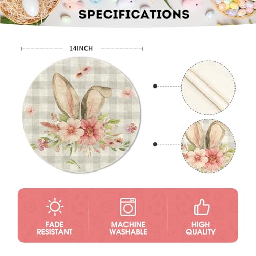 14-Inch Bunny Rabbit Ears Buffalo Plaid Easter Round Placemats Set of 4 for Spring Table Decor