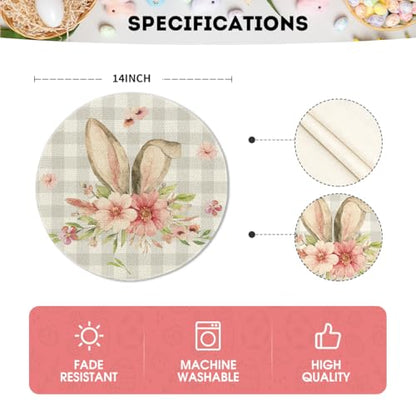 14-Inch Bunny Rabbit Ears Buffalo Plaid Easter Round Placemats Set of 4 for Spring Table Decor