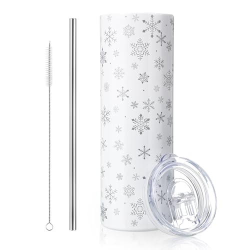 Snowflake Tumbler with Lid & Straw - 20 oz Stainless Steel, White - Geiserailie